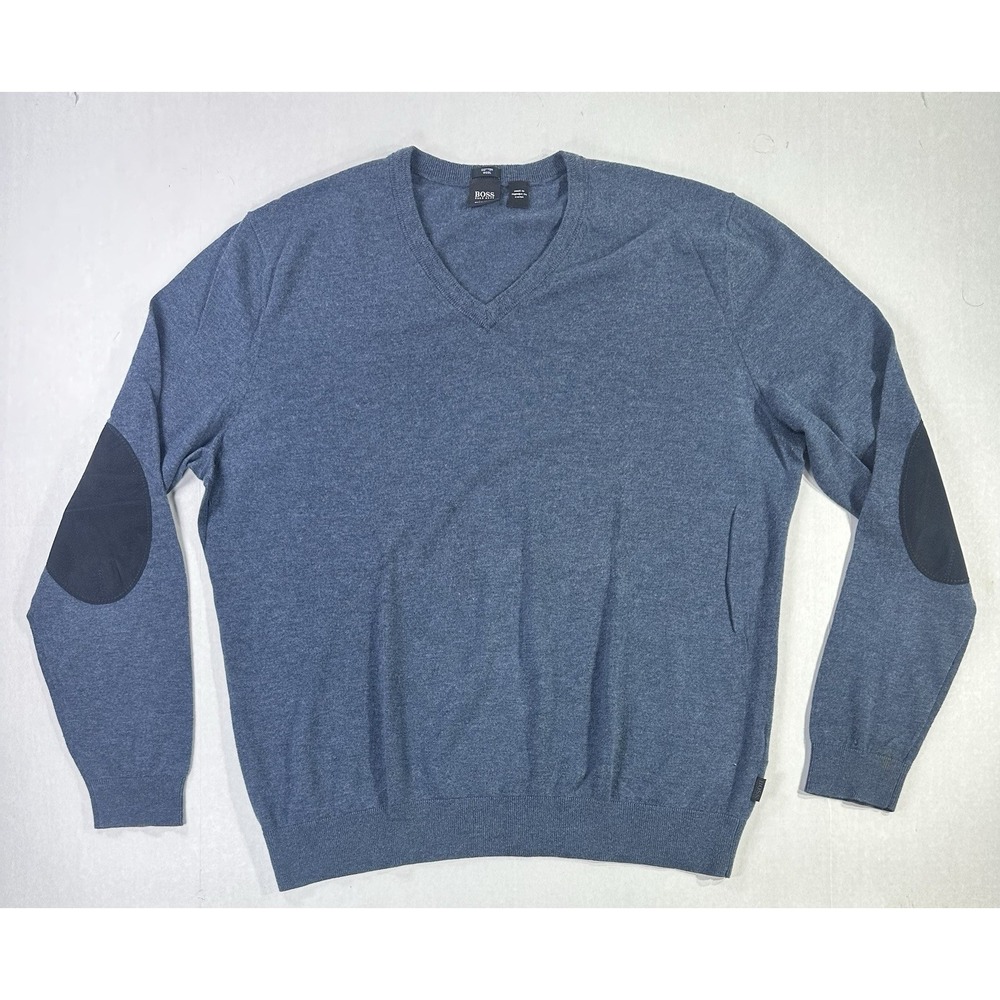 Hugo Boss Blue V-Neck Sweater XL Cotton Wool Elbow Patch Regular Fit